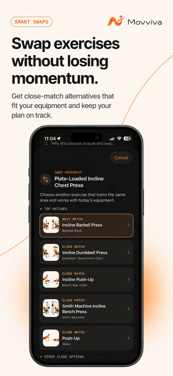 Movviva App Store preview of equipment-aware exercise swaps